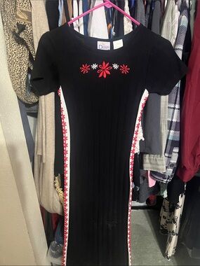 Vintage 2000s In Design Black Midi Dress with Red and White Floral Trim